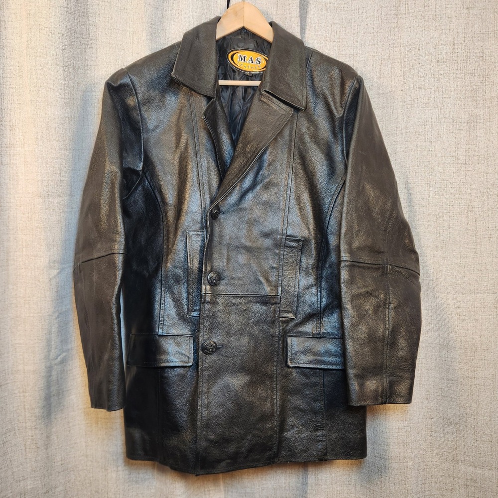 MAS LEATHER Black Jacket Men's L‎ Double Breasted Blazer Button Front Lined